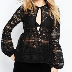 ASOS Lace and Velvet Open Front Smocked Top Black